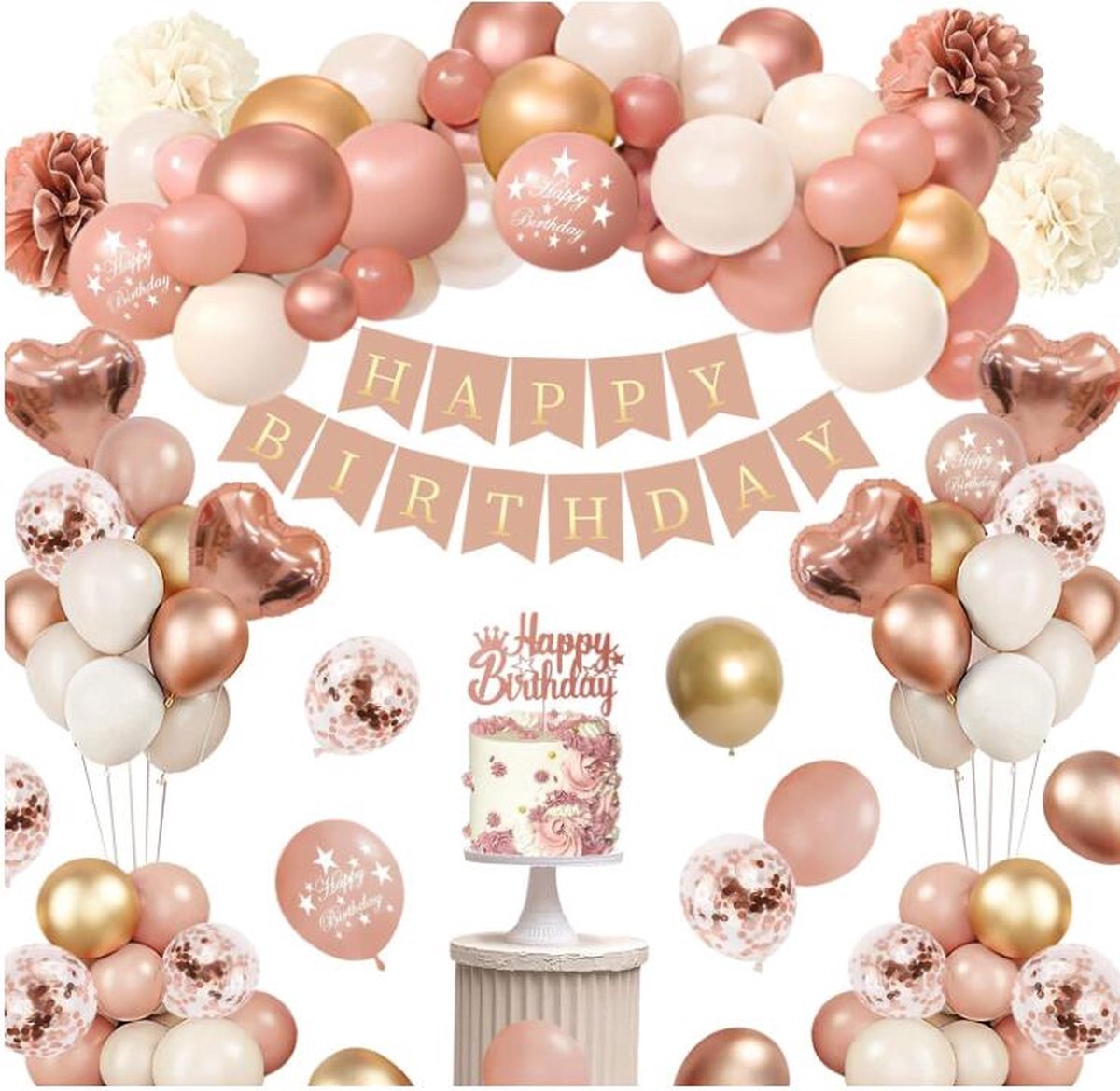 Joya Party® Compleet Zacht Roze Verjaardags versieringspakket | Zacht Roze & Witte Latex en Helium Ballonnen | Verjaardag Versiering | Happy Birthday Slingers | Ballon feestpakket | 56 stuks